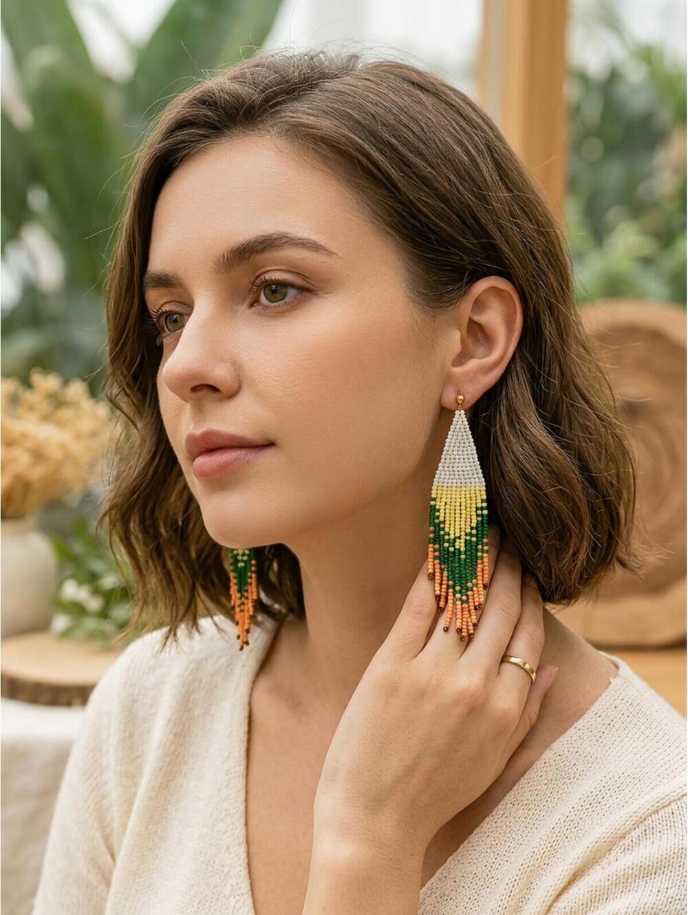 White Green yellow orange Beaded Earrings, Fringe Ombre Seed